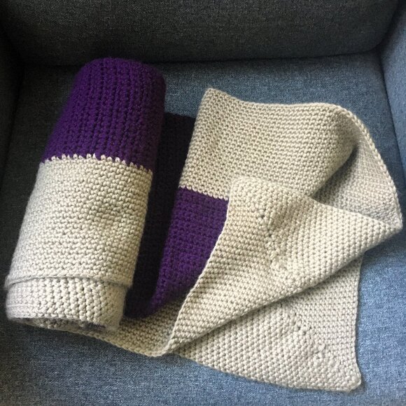 Hand Crocheted Two Tone Eggplant Purple Tan Border Rectangular Lap Blanket